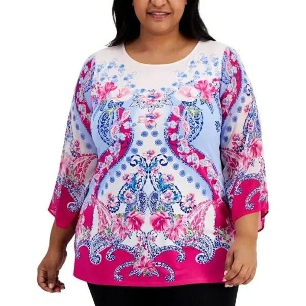 JM Collection Tulip Sleeve Plus Size Printed Top, Fuchsia, 1X
